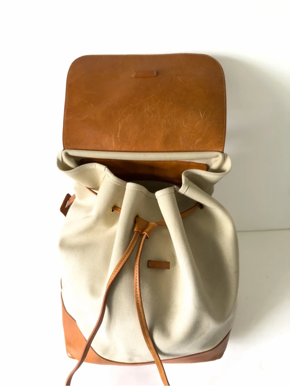 Mansur Gavriel Canvas Mini Backpack Tan Leather Flap Bag  Creme & Cammello